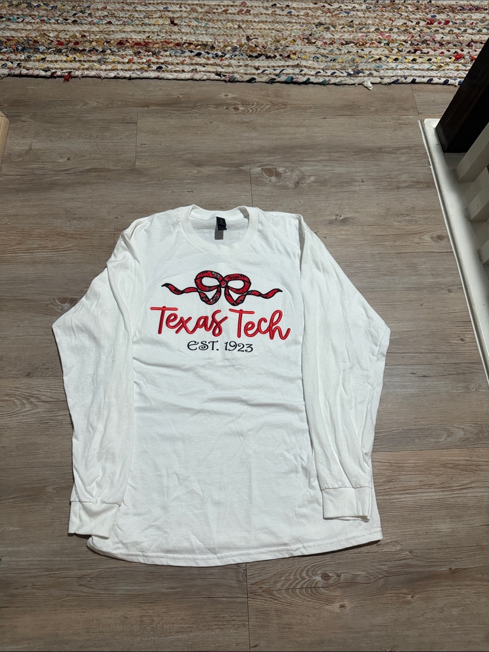 Handmade Women’s Texas Tech White Long-Sleeve Tee with Red Logo